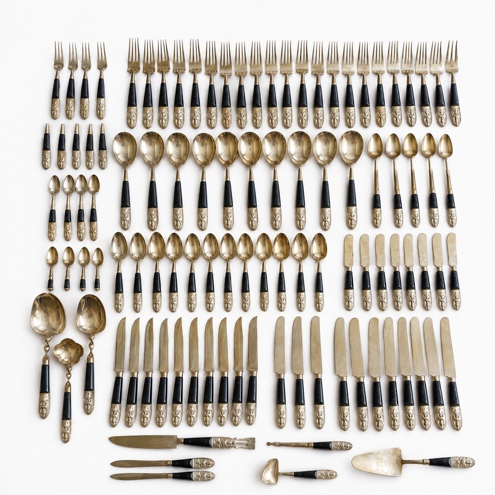 Vintage MCM Siam Thailand Silverware Bronze Brass Rosewood 115pc Set